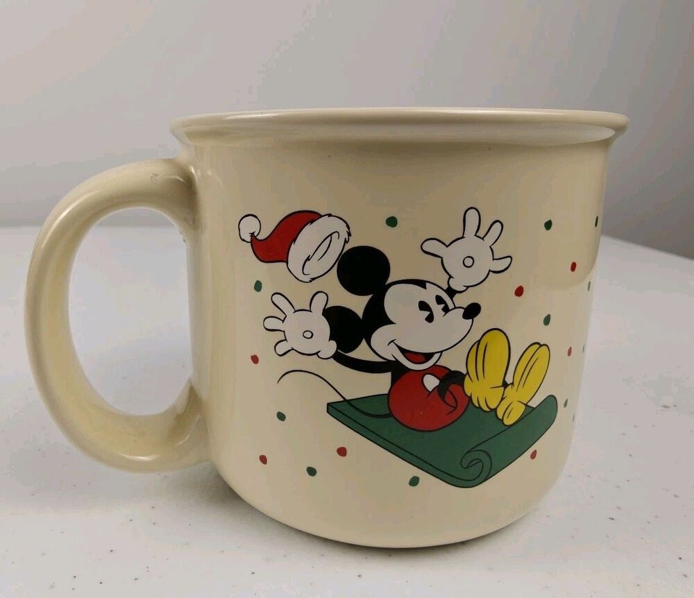 90s Disney Hallmark Christmas Mickey Minnie Mug Cup Sledding Skating Snow Store